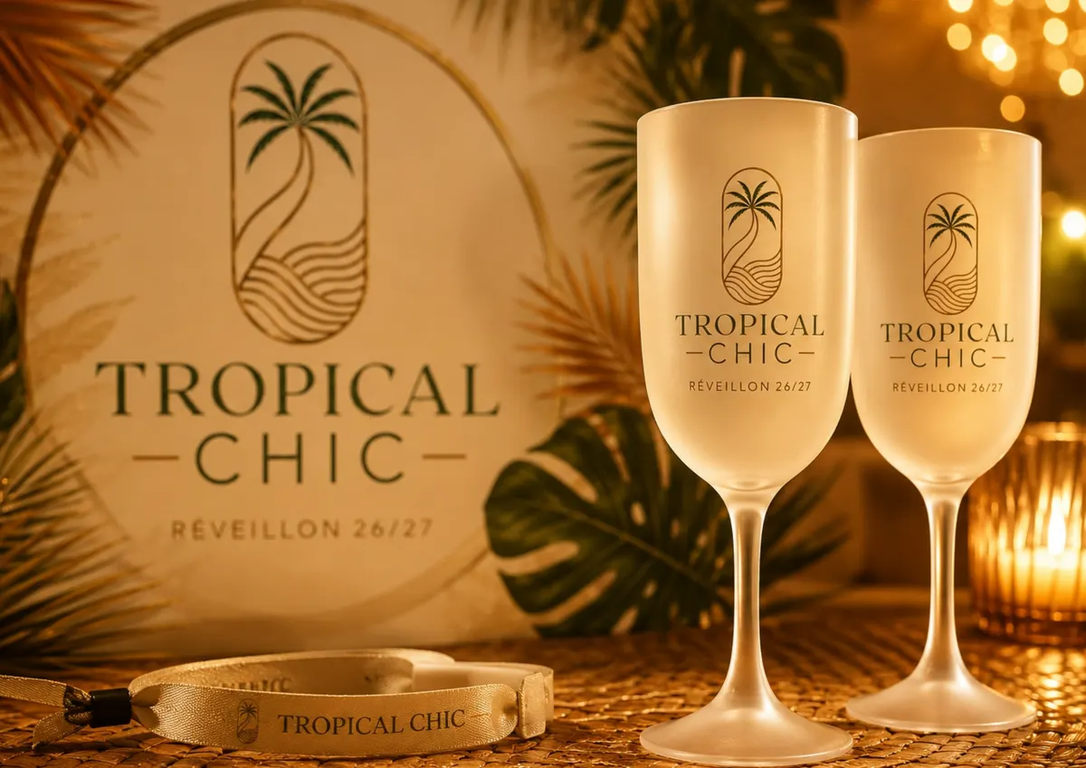 Taças e pulseira personalizadas do Réveillon Tropical Chic sob luz dourada